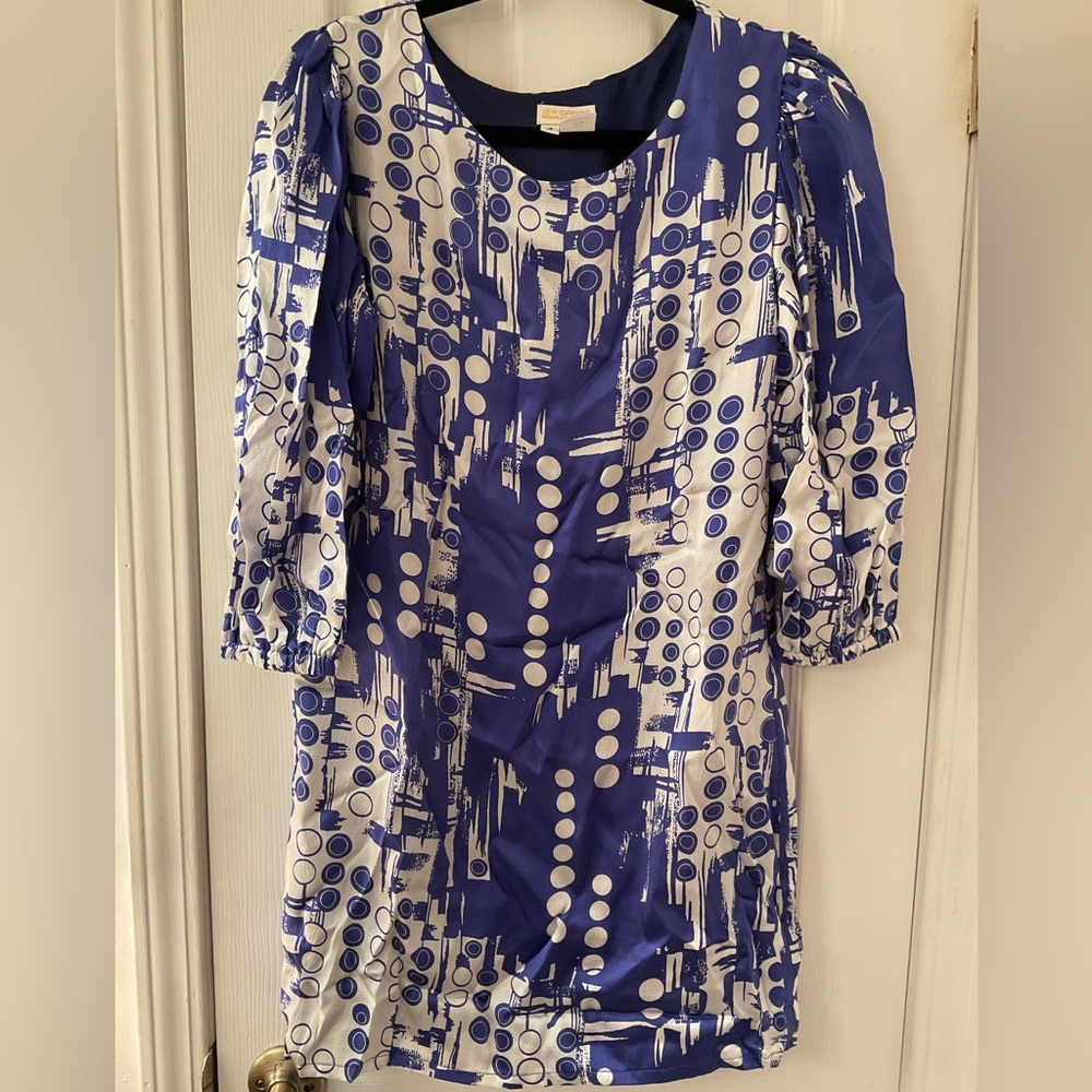 Lew Greene USA silk royal Blue White geo Patterned Dress 18” chest 31” length